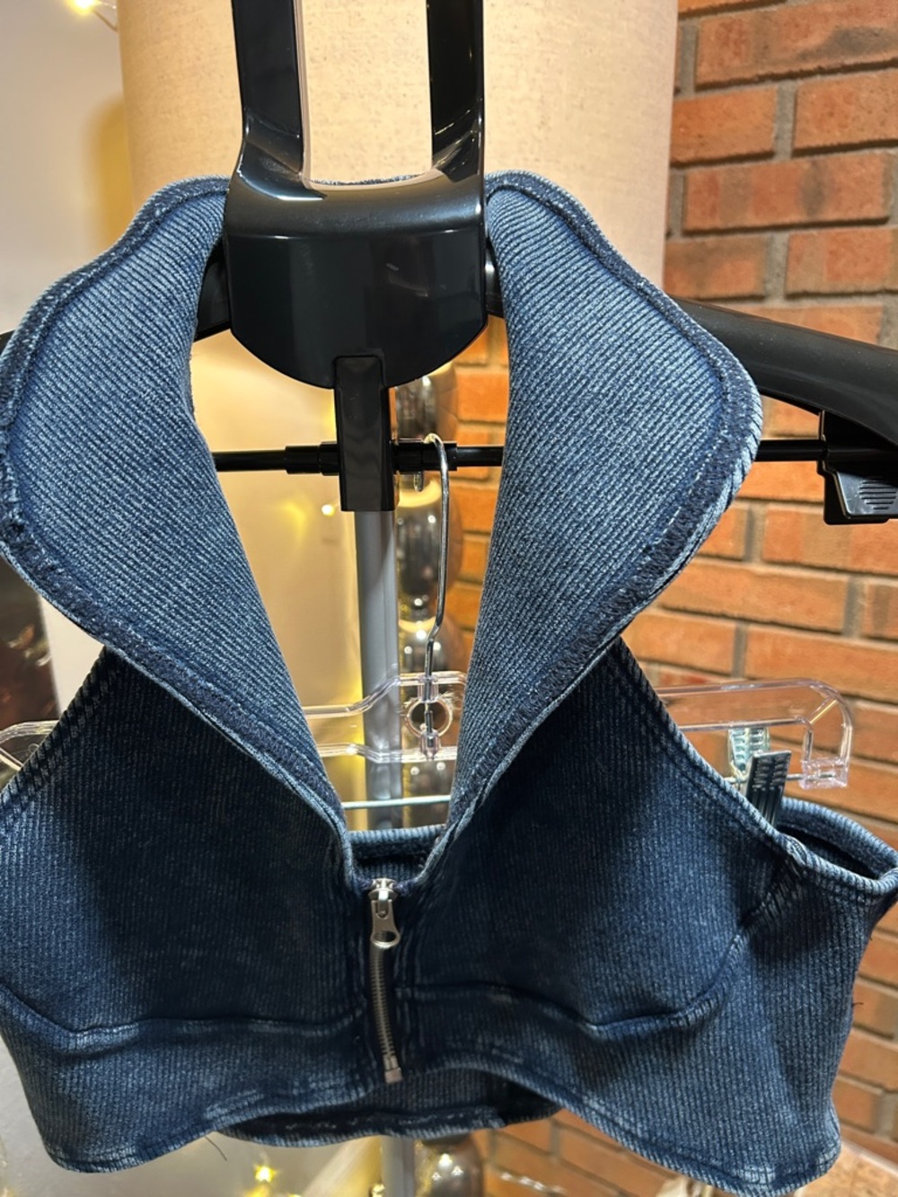 Nice Knits-Denim-Look Cropped Zip Front Bralette - Blue